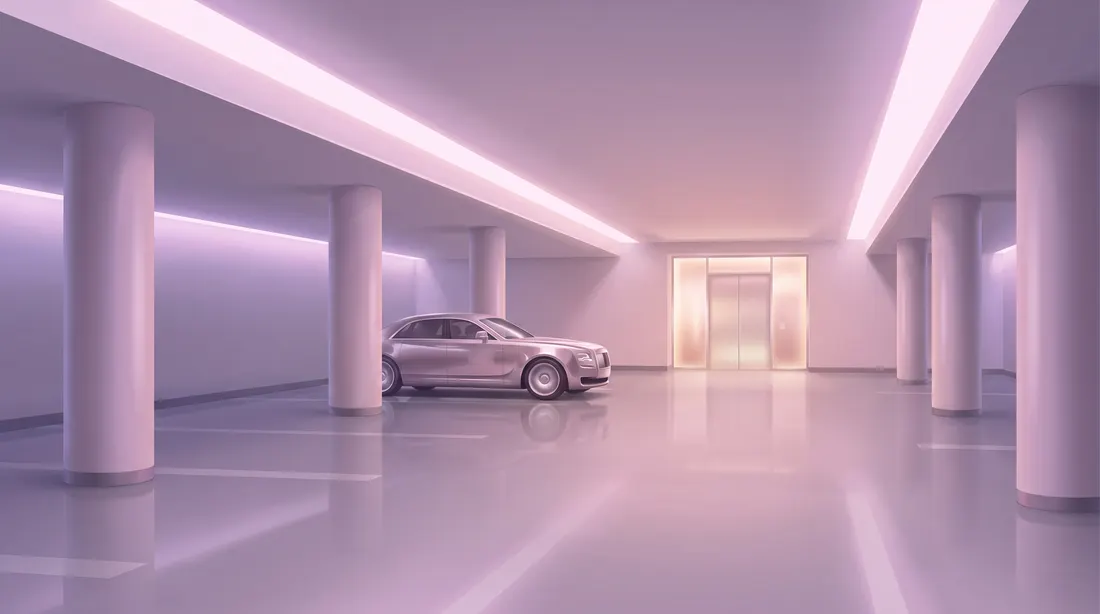 Illustration of a calm, well-lit covered parking garage at night with one parked car.